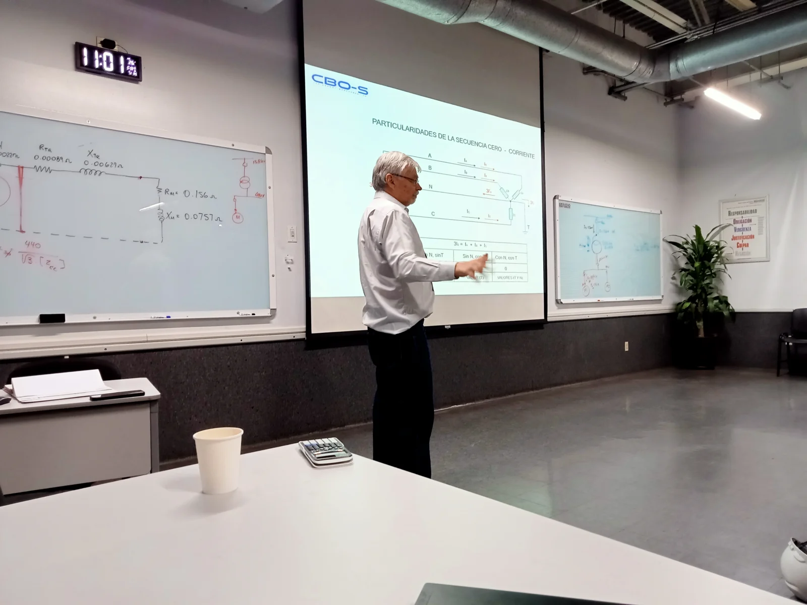 Instructor explicando componentes simétricos frente a un grupo